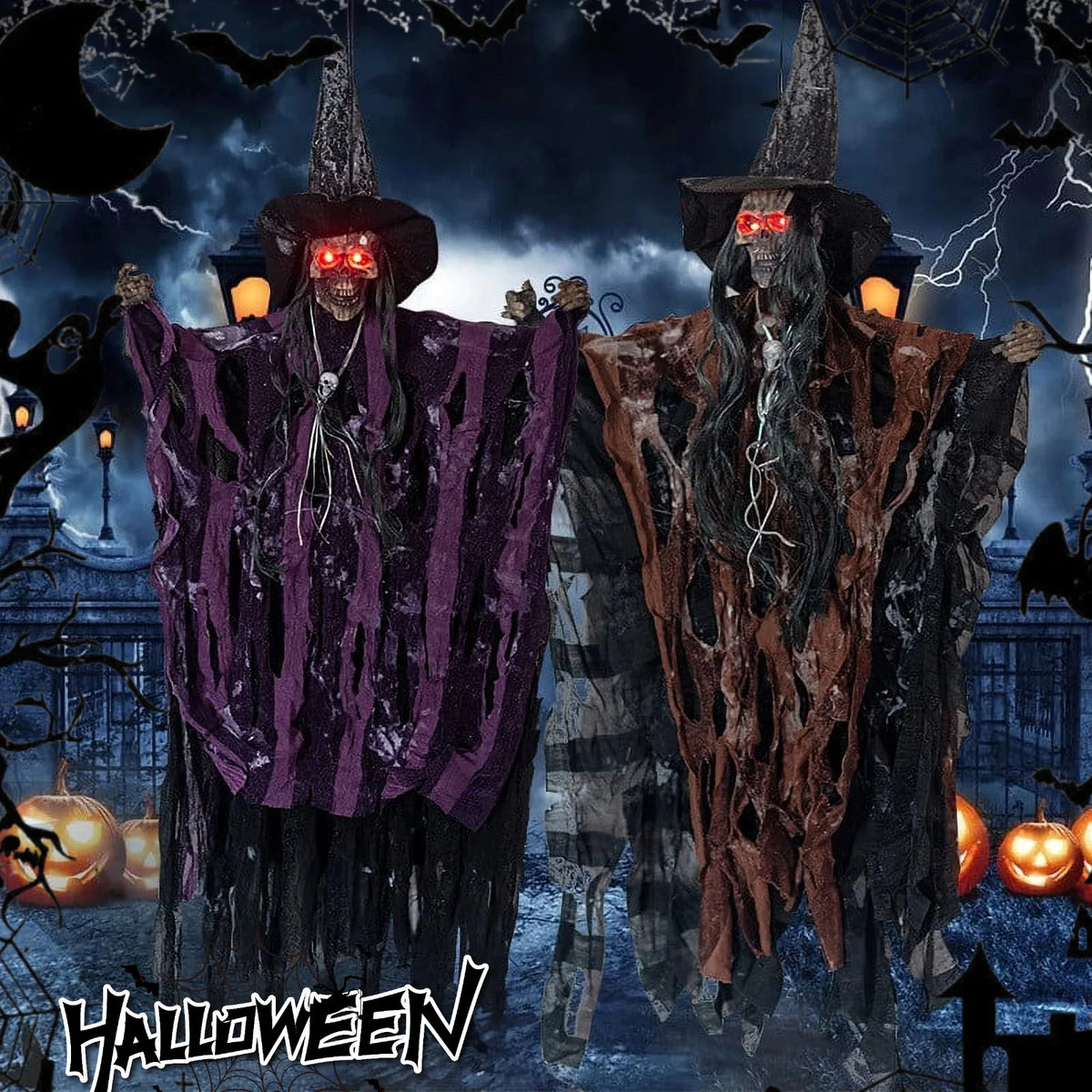Halloween Sound Activated Hanging Ghost Prop LED Light Up Talking Skeleton Witch Decor Scary Doll For Horror Party Scene