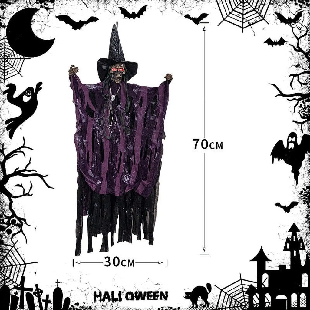 Halloween Sound Activated Hanging Ghost Prop LED Light Up Talking Skeleton Witch Decor Scary Doll For Horror Party Scene