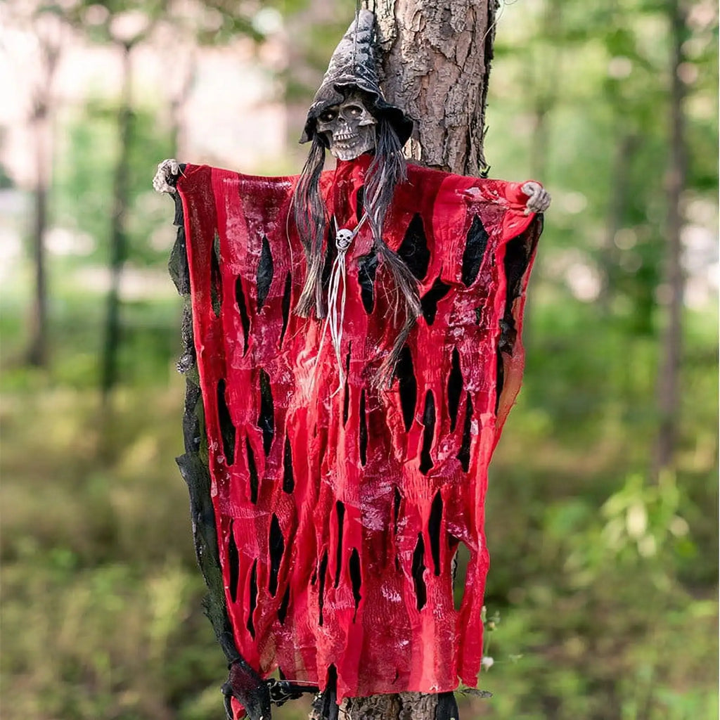 Halloween Sound Activated Hanging Ghost Prop LED Light Up Talking Skeleton Witch Decor Scary Doll For Horror Party Scene