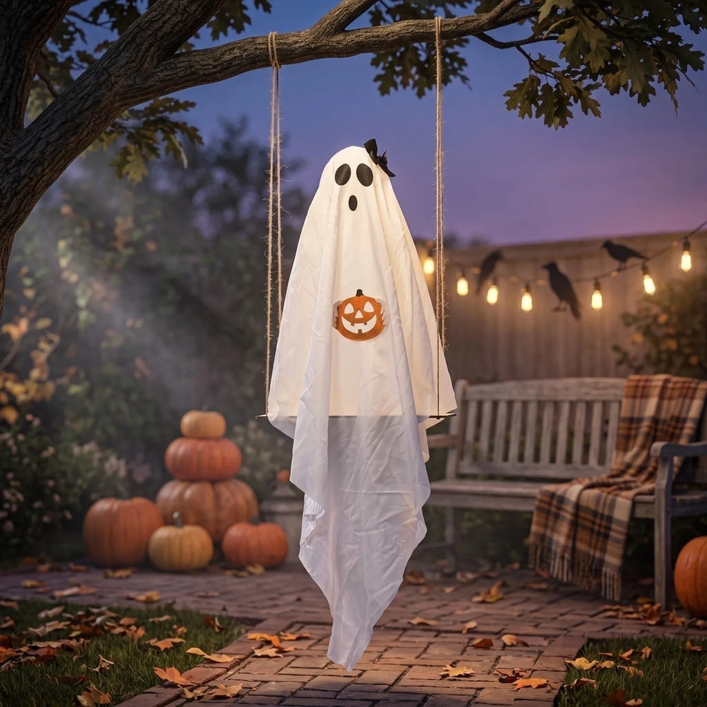 Halloween Ghost Holding Pumpkin Swing Ornament Hanging Swing Ghost Decorations Lighted Trick or Treat Ghosts Hanging Door Decor
