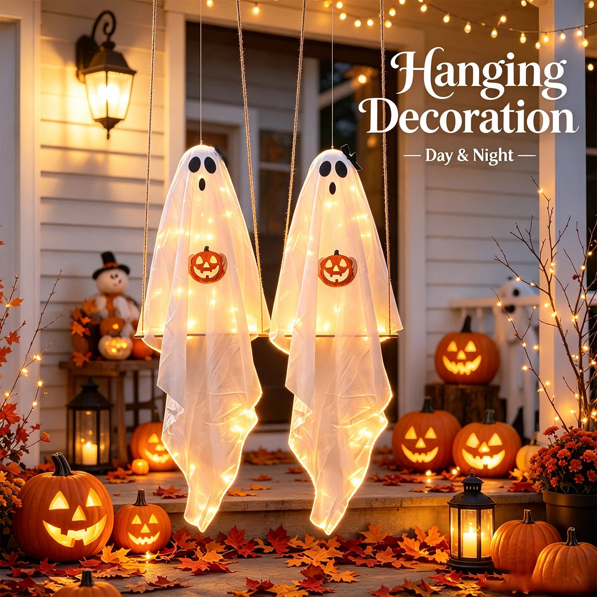 Halloween Ghost Holding Pumpkin Swing Ornament Hanging Swing Ghost Decorations Lighted Trick or Treat Ghosts Hanging Door Decor