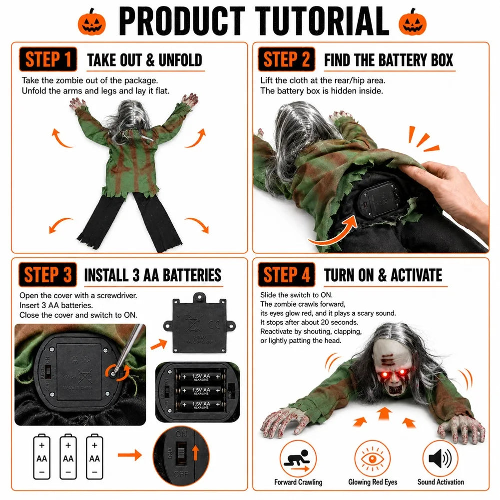 Halloween Crawling Zombie Scary Haunted House Decor Prop Motion Sensor Activated Sound Light Effects Horror Scene Setup