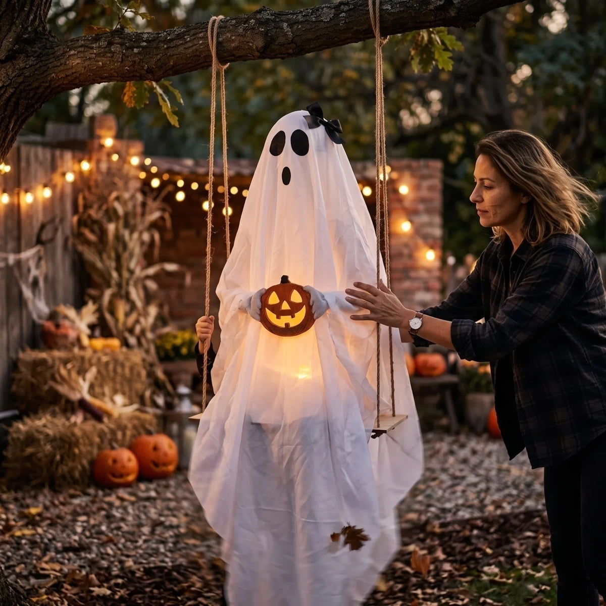 Halloween Ghost Holding Pumpkin Swing Ornament Hanging Swing Ghost Decorations Lighted Trick or Treat Ghosts Hanging Door Decor