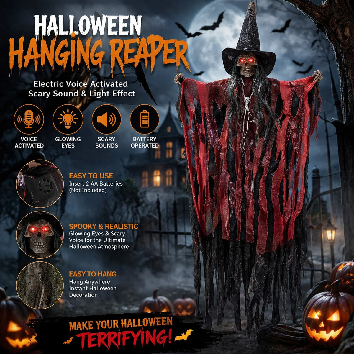 Halloween Sound Activated Hanging Ghost Prop LED Light Up Talking Skeleton Witch Decor Scary Doll For Horror Party Scene